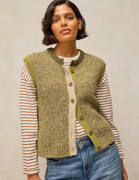 White Stuff Cotton Rich Knitted Vest with Wool Green Mix