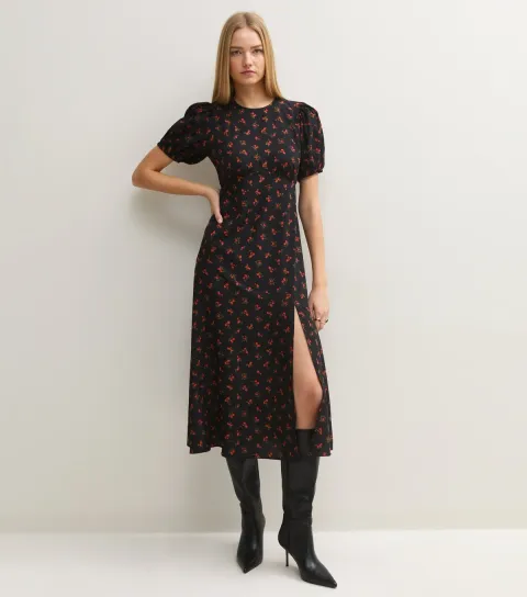 New Look Women's Black Floral Puff Sleeve Midi Dress