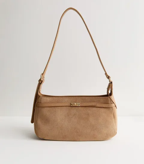 Camel Faux Suede Belted Turn Lock Shoulder Bag