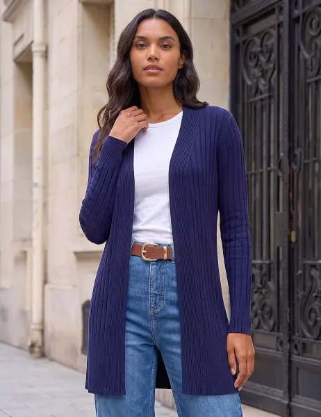 Roman Ribbed Edge to Edge Longline Cardigan Dark Blue