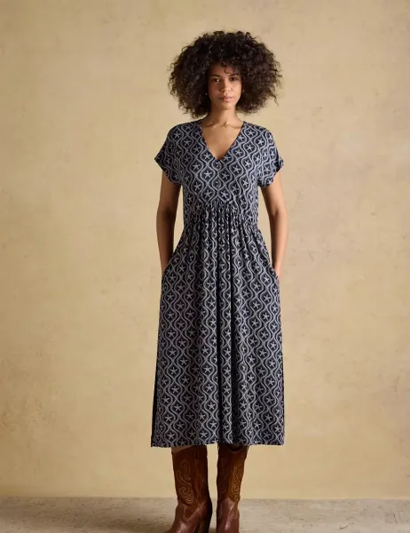 Joules Printed V-Neck Midi Skater Dress Navy Mix