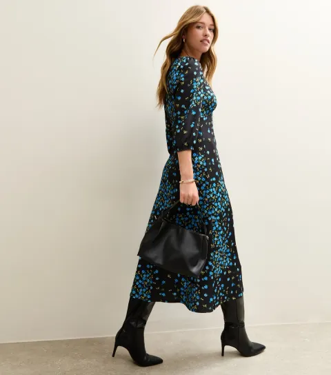 Women's Blue Rose Print Satin Tea Midi Dress