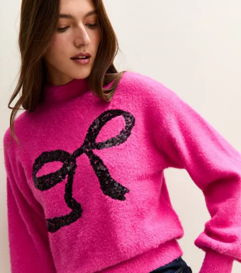 Women's Mid Pink Sequin Bow High Neck Jumper