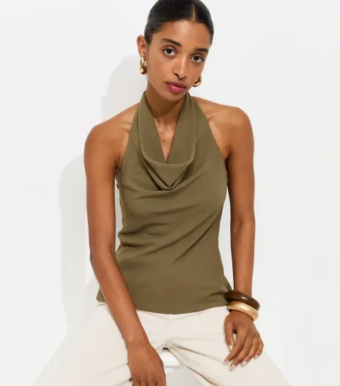 Women's Dark Khaki Cowl Halter Neck Top