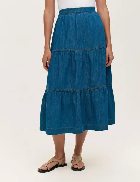 Finery London Denim Midi Tiered Skirt Light Blue