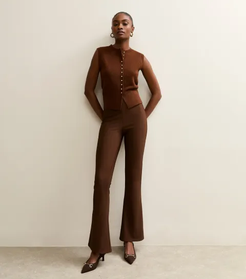 Women's Dark Brown Rib Flared Trousers