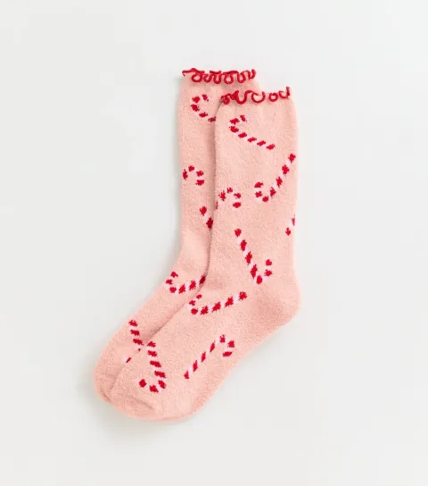 New Look Pink Christmas Candy Cane Pattern Cosy Knit Socks