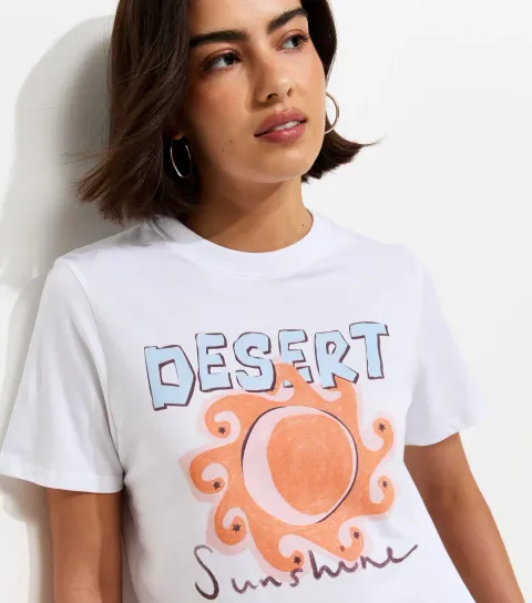 Women's White Cotton Sun Graphic Relaxed T-Shirt