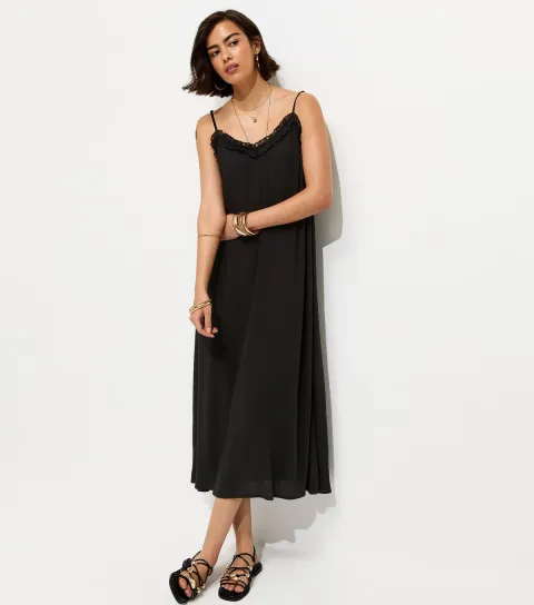 Women's Black Frilly Trim Strappy Midi Dress