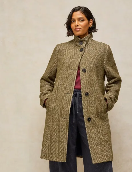 White Stuff Kaia Tweed Printed Funnel Neck Coat Green Mix