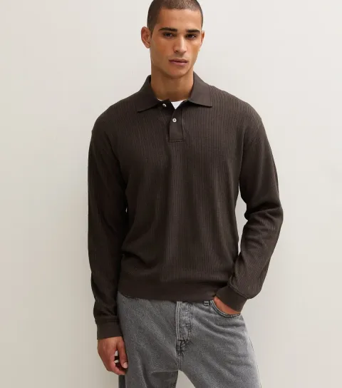 New Look Men's Dark Brown Cotton Rich Relaxed Fit Ribbed Polo Top
