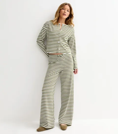 Women's Green Relaxed Striped Wide Leg Trousers