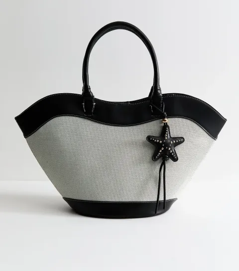 Black Scooped Top Woven Tote Bag