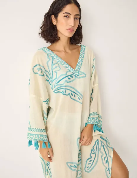 Monsoon Cotton Rich Palm Print V-Neck Midaxi Kaftan