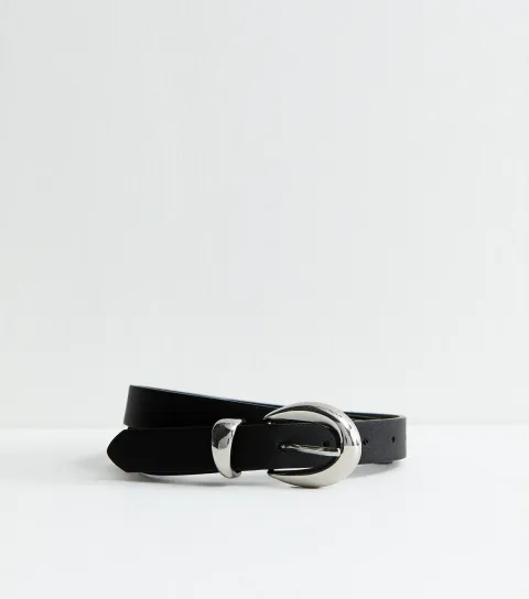 Black Faux Leather Oval Buckle Belt