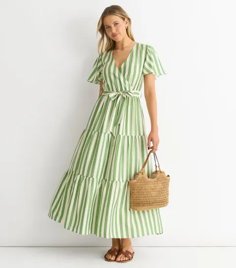 Women's Green Striped Wrap Midi Dress