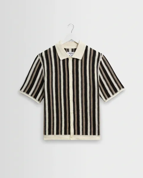 Porto - Ecru and Black Stripe Crochet Knitted Shirt