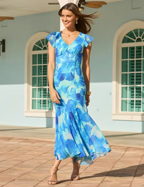 SOSANDAR Sheer Floral V-Neck Empire Line Midi Waisted Dress Blue Mix