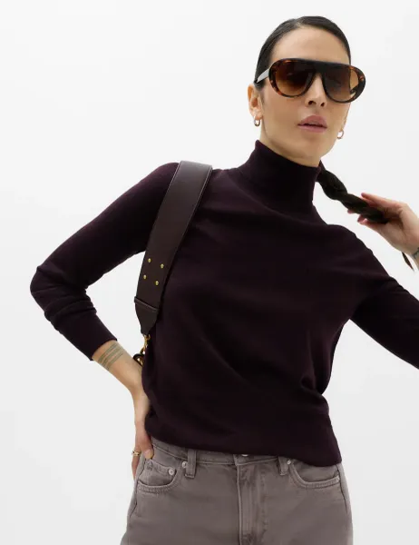 Marks & Spencer Pure Merino Wool Roll Neck Jumper Dark Aubergine