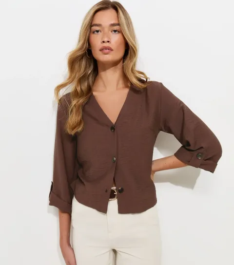 New Look Women's Tall Dark Brown Crinkle Texture Button Front Shirt