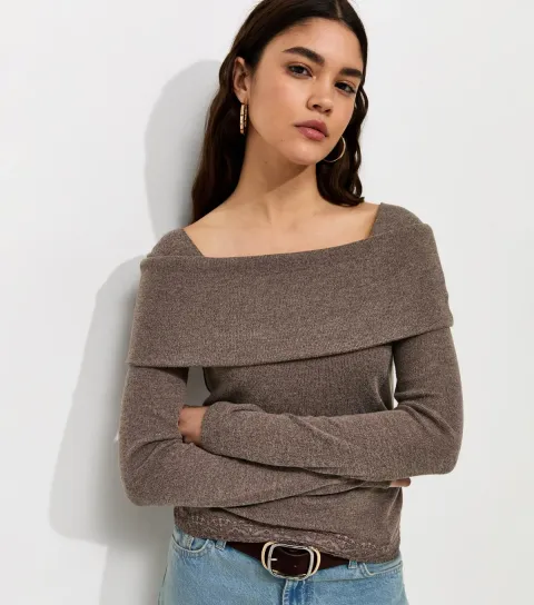 Women's Oatmeal Soft Touch Lace Hem Bardot Top