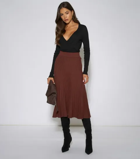 Gini London Women's Dark Brown Pleated Knit Midi Skirt