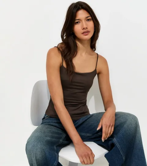 New Look Women's Dark Brown Jersey Half Body Lined Cami Top