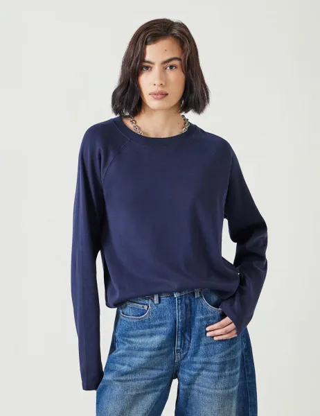 HUSH Matilda Pure Cotton Crew Neck Top Navy