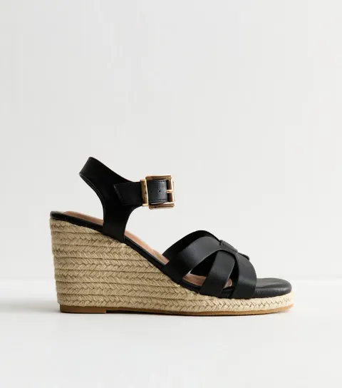 Women's Wide Fit Black Multi Strap Faux Leather Wedge Sandals Vegan