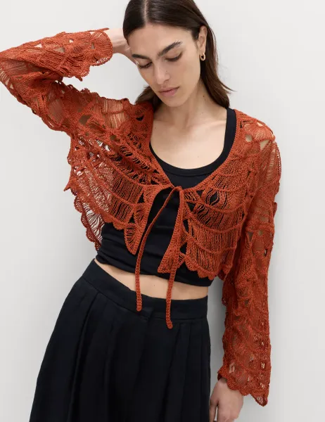Marks & Spencer Textured V-Neck Tie Front Cardigan Brandy