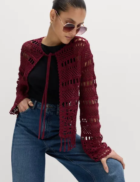 Marks & Spencer Pure Cotton Tie Fastening Cropped Cardigan Dark Claret