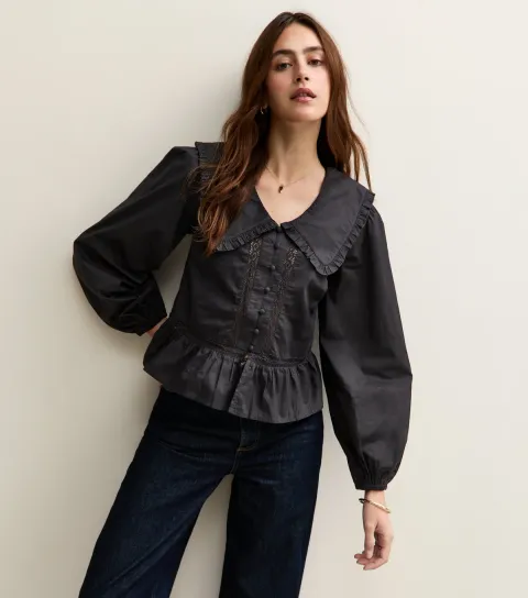 Women's Black Lace Insert Oversized Collar Shirt