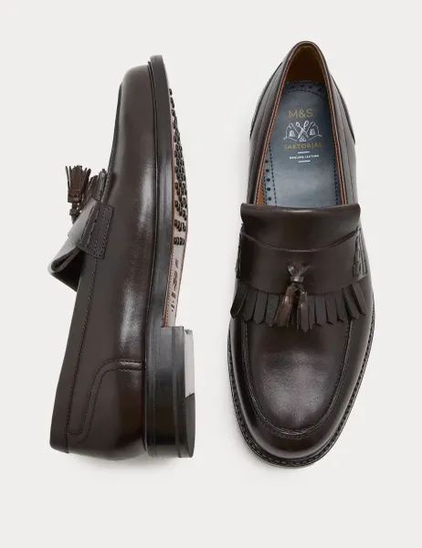 Leather Fringed Loafers Dark Brown