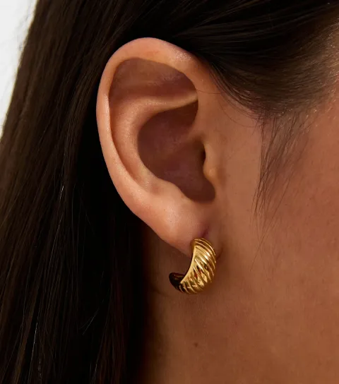 Gold Tone Waterproof Ridged Hoop Earrings