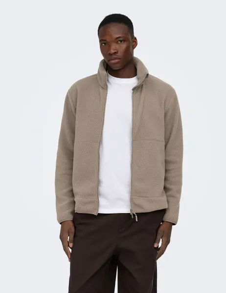 Only & Sons Fleece Zip Up Jacket Brown
