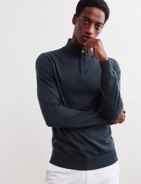 Jaeger Merino Wool with Silk Half Zip Jumper Navy