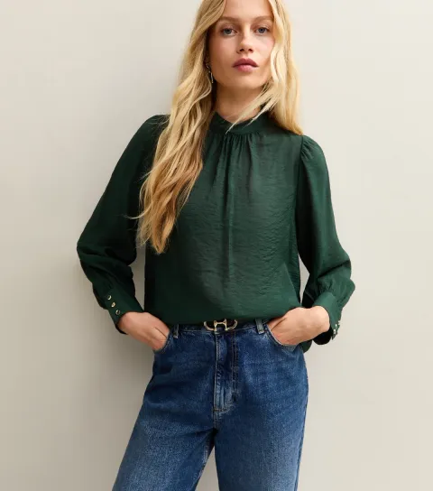 Women's Dark Green Gathered High Neck Long Sleeve Top