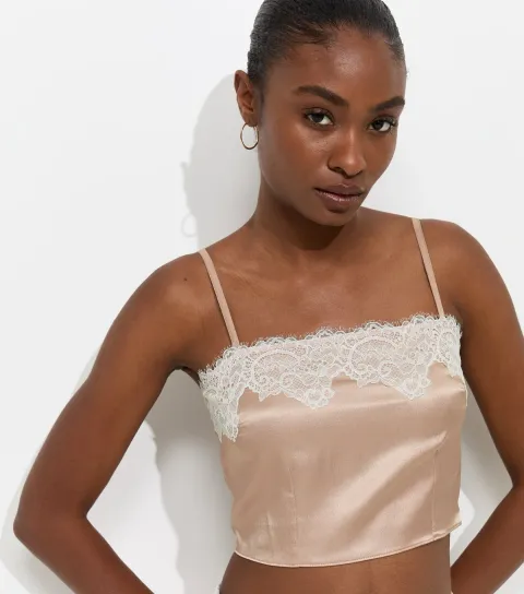 Women's Mink Satin Contrast Lace Trim Cropped Cami Top