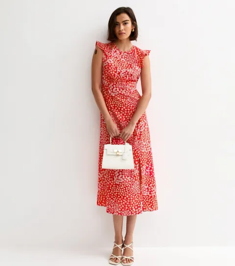 Women's Red Ditsy Floral Frill Midi Dress