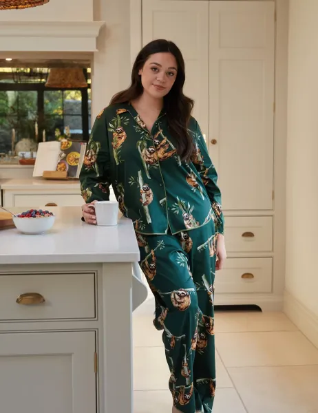 Cyberjammies Cotton Modal Sloth Print Pyjama Bottoms Dark Green Mix