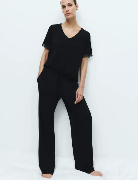 Marks & Spencer Lace Trim Wide Leg Pyjama Set Black