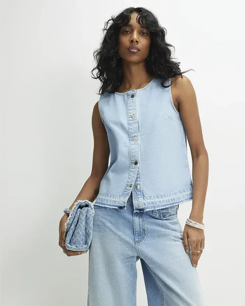 River Island Denim Sleeveless Raw Hem Top