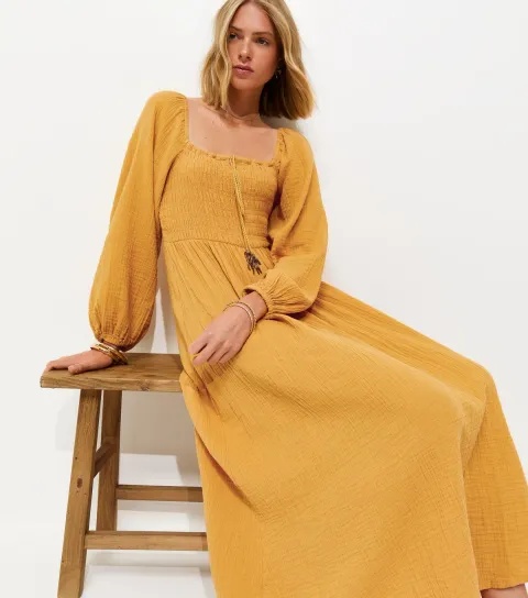 New Look Women's Dark Yellow Cotton Shirred Milkmaid Midi Dress