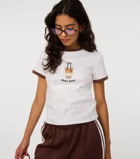 Women's White Boba Babe Diamanté T-Shirt