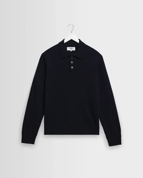 Wax London Lawrie - Navy Long-Sleeve Knitted Polo