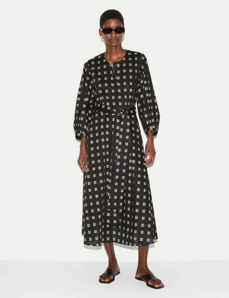 Jigsaw Pure Cotton Checked Midi Waisted Dress Black Mix