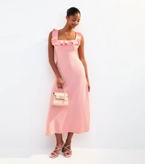 Women's Pink Ruffle Trim Square Neck Midi Dress