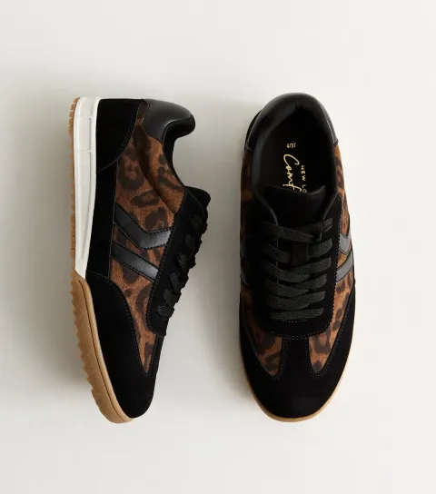 Women's Brown Leopard Print Panelled Faux Leather Trainer Vegan