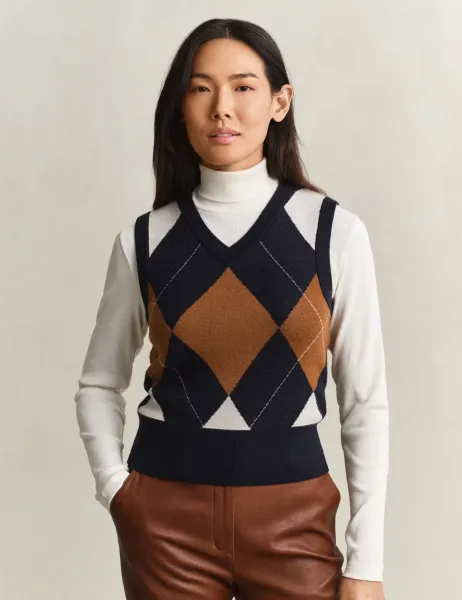 Gant Pure Merino Wool Argyle Knitted Vest Navy Mix