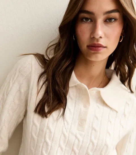 Women's Cream Cable Knit Button Polo Jumper